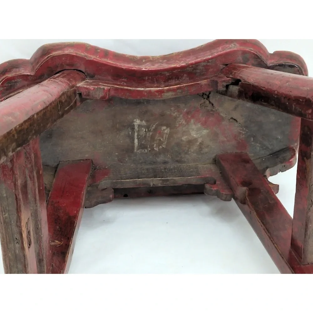 Antique Chinese Elm Red Painted Stool Chair Primitive 1900 Mortise Tenon Bench